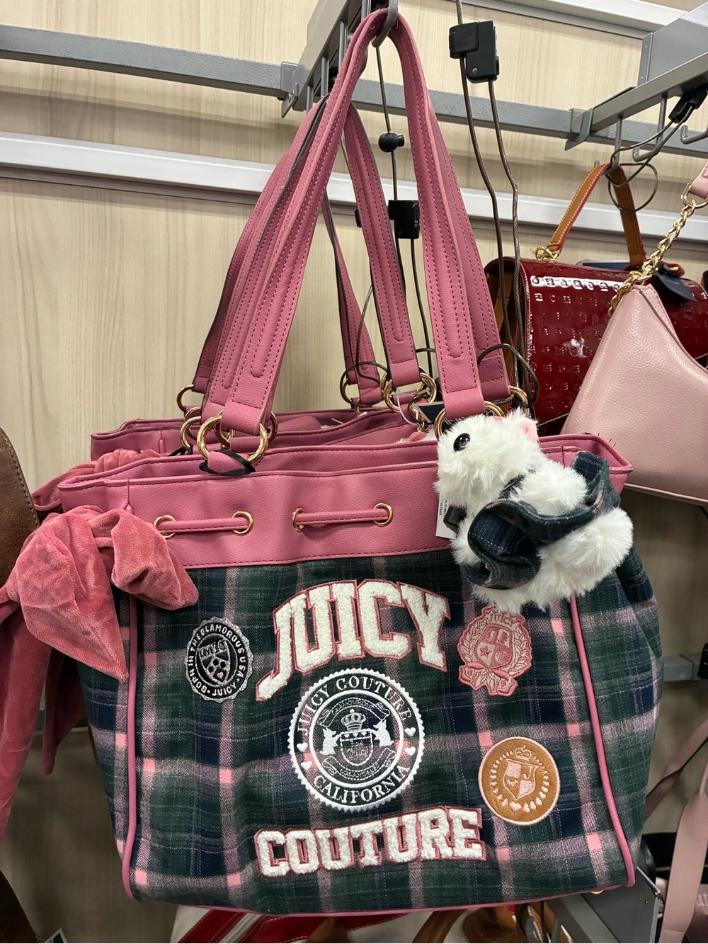 Juicy Couture Pink and Green Plaid Tote with Pom Charm